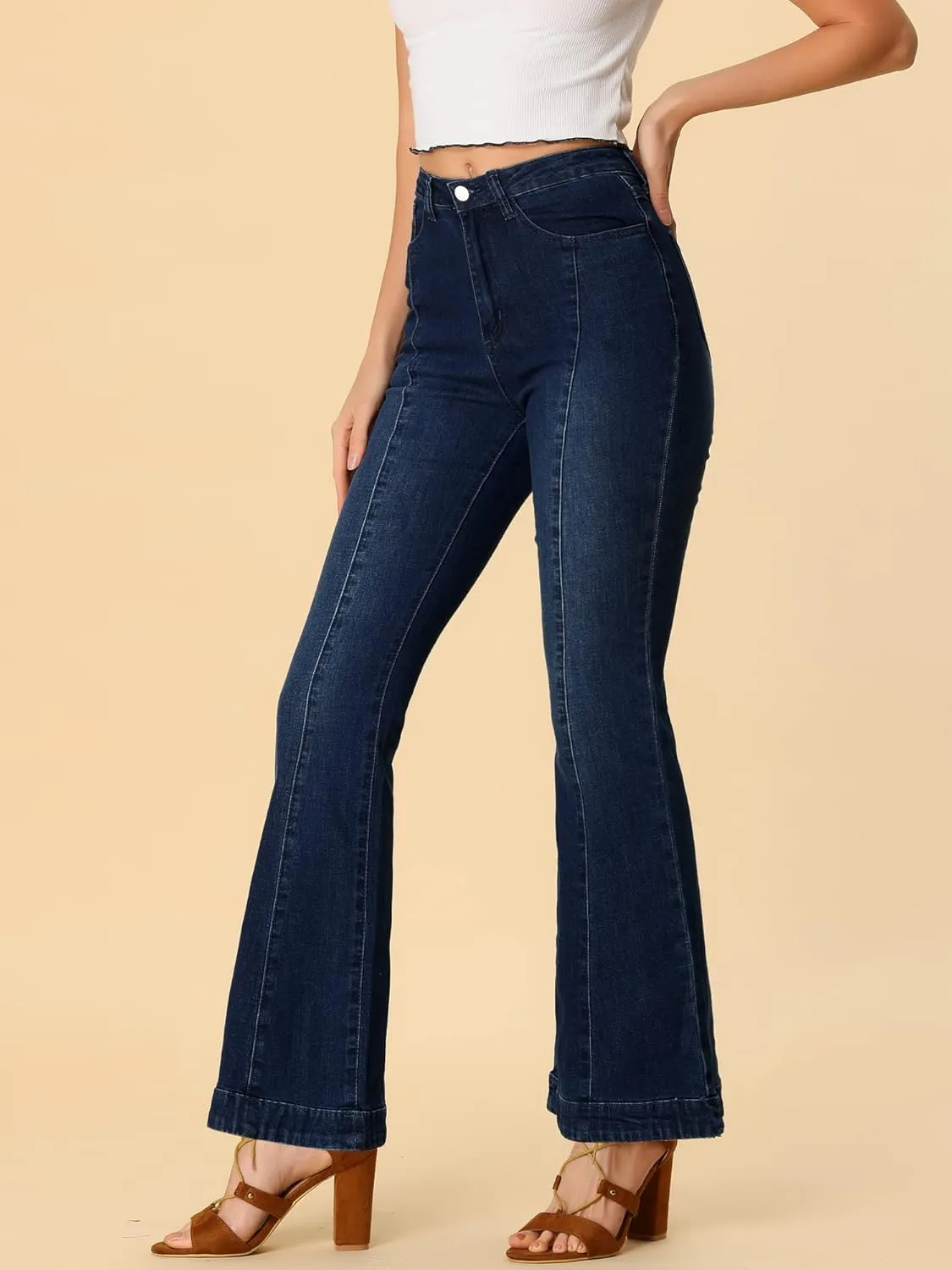 Allegra K Women's High Waist Flare Jeans Retro Stretchy Denim Jean Pants Bell Bottom Jeans