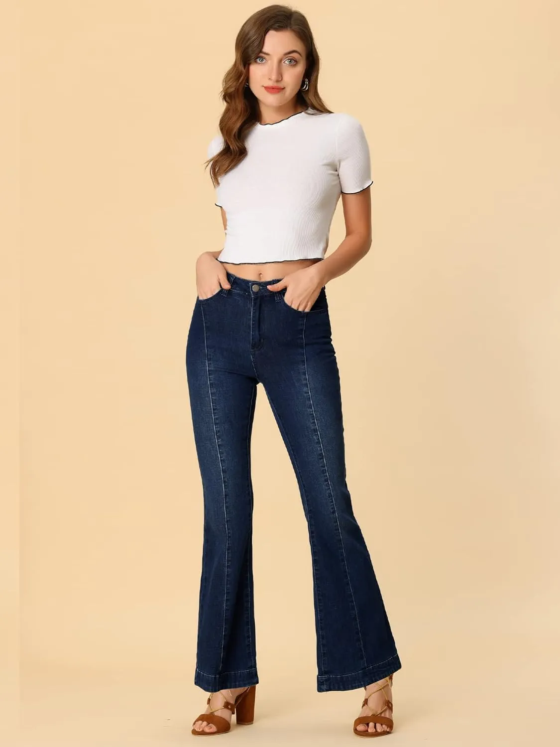 Allegra K Women's High Waist Flare Jeans Retro Stretchy Denim Jean Pants Bell Bottom Jeans