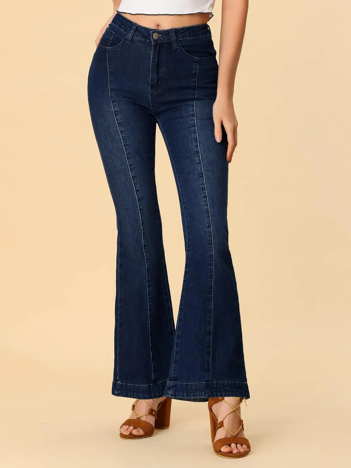 Allegra K Women's High Waist Flare Jeans Retro Stretchy Denim Jean Pants Bell Bottom Jeans