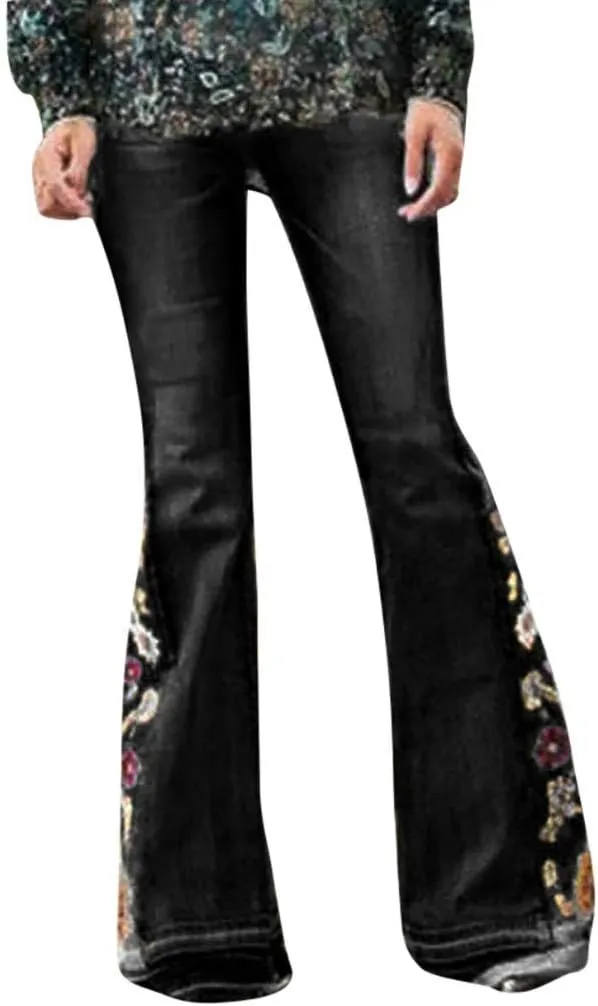 Bell Bottom Jeans for Women Flared Floral Embroidered Jean Mid Rise Vintage Wide Leg Denim Pants