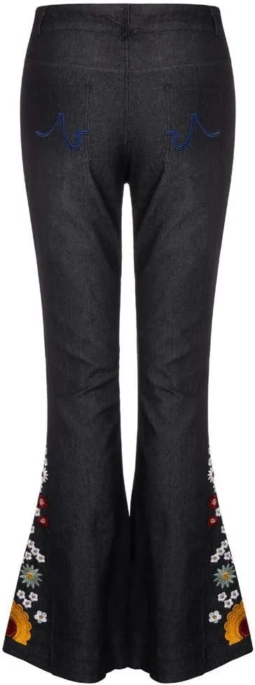 Bell Bottom Jeans for Women Flared Floral Embroidered Jean Mid Rise Vintage Wide Leg Denim Pants