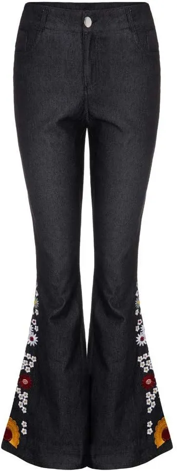 Bell Bottom Jeans for Women Flared Floral Embroidered Jean Mid Rise Vintage Wide Leg Denim Pants
