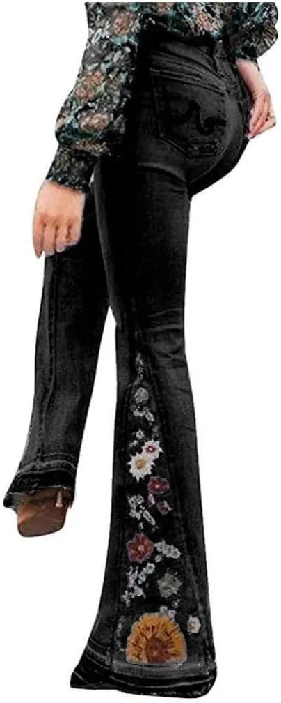 Bell Bottom Jeans for Women Flared Floral Embroidered Jean Mid Rise Vintage Wide Leg Denim Pants