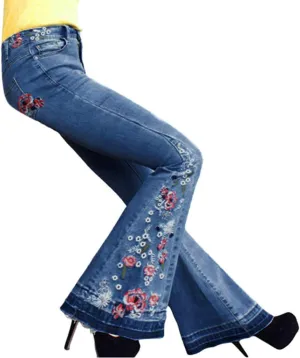 Bell Bottom Jeans for Women Flared Floral Embroidered Jean Mid Rise Vintage Wide Leg Denim Pants