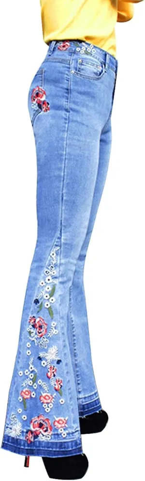 Bell Bottom Jeans for Women Flared Floral Embroidered Jean Mid Rise Vintage Wide Leg Denim Pants