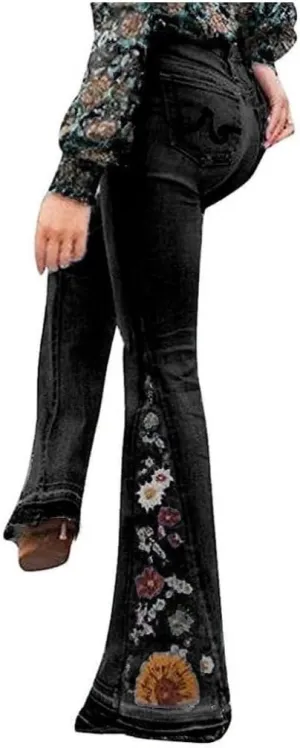 Bell Bottom Jeans for Women Flared Floral Embroidered Jean Mid Rise Vintage Wide Leg Denim Pants