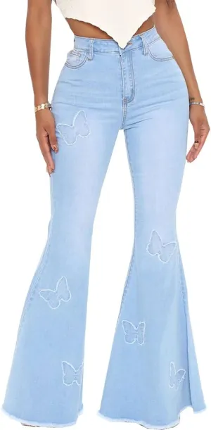 Bell Bottom Jeans for Women Vintage High Waisted Ripped Hole Raw Hem Denim Flare Jeans Pants