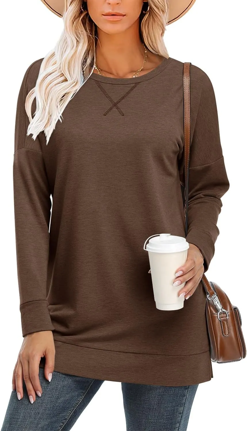 BETTE BOUTIK Women's Drop Long Sleeve Sweatshirts Casual Crewneck Tunic Tops Sweartshirts With Side Slits S-3XL