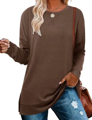 BETTE BOUTIK Women's Drop Long Sleeve Sweatshirts Casual Crewneck Tunic Tops Sweartshirts With Side Slits S-3XL