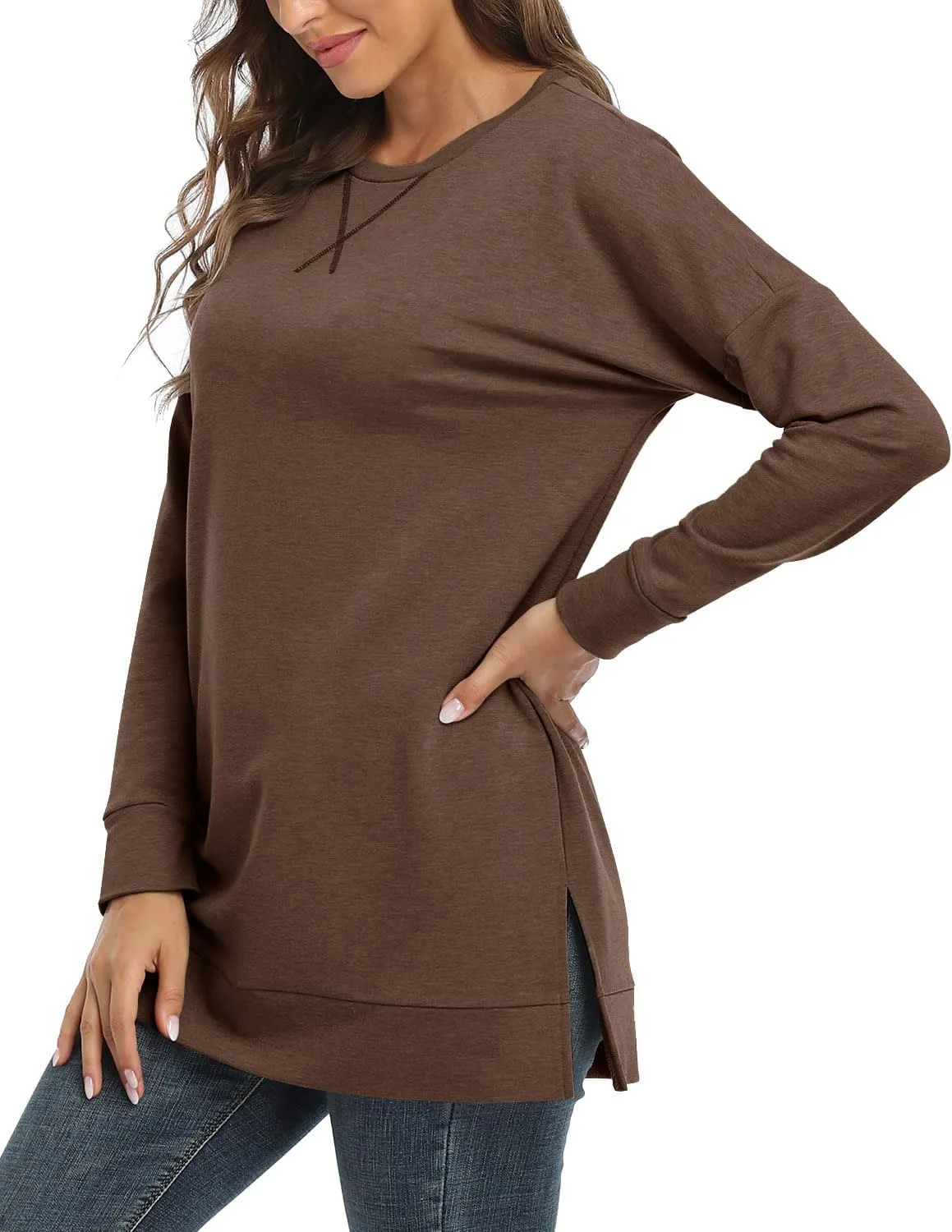 BETTE BOUTIK Women's Drop Long Sleeve Sweatshirts Casual Crewneck Tunic Tops Sweartshirts With Side Slits S-3XL