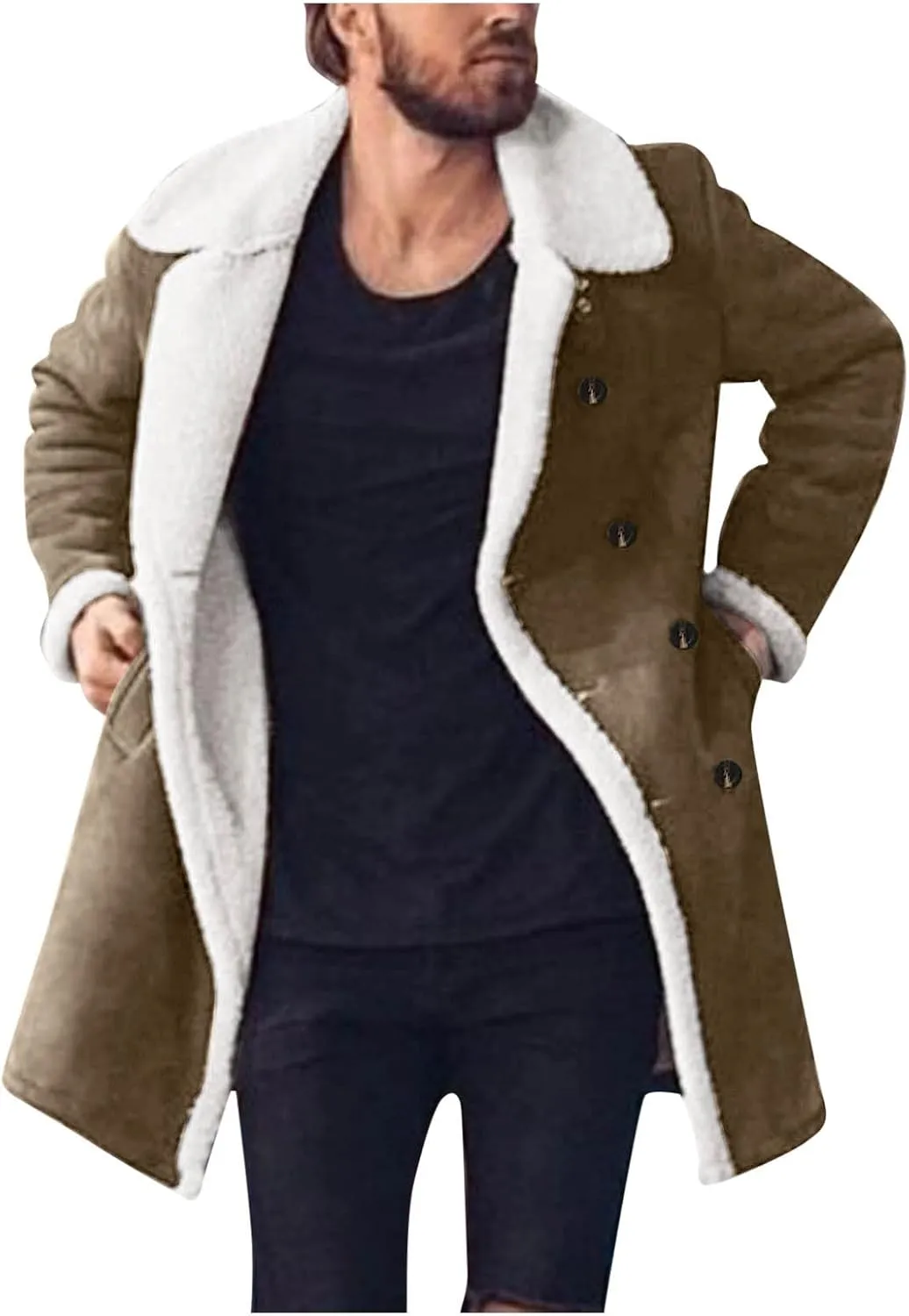 Burband Mens Casual Sherpa Fleece Lined Jackets Winter Warm Fur Collar Long Trench Coats Big and Tall Outwears