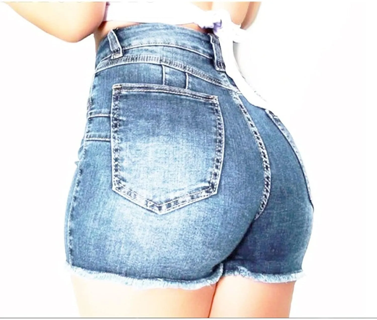 Butt Lift Denim Shorts for Women High Waisted Skinny Stretch Jeans Shorts Hem Ripped Hot Pants with Pockets