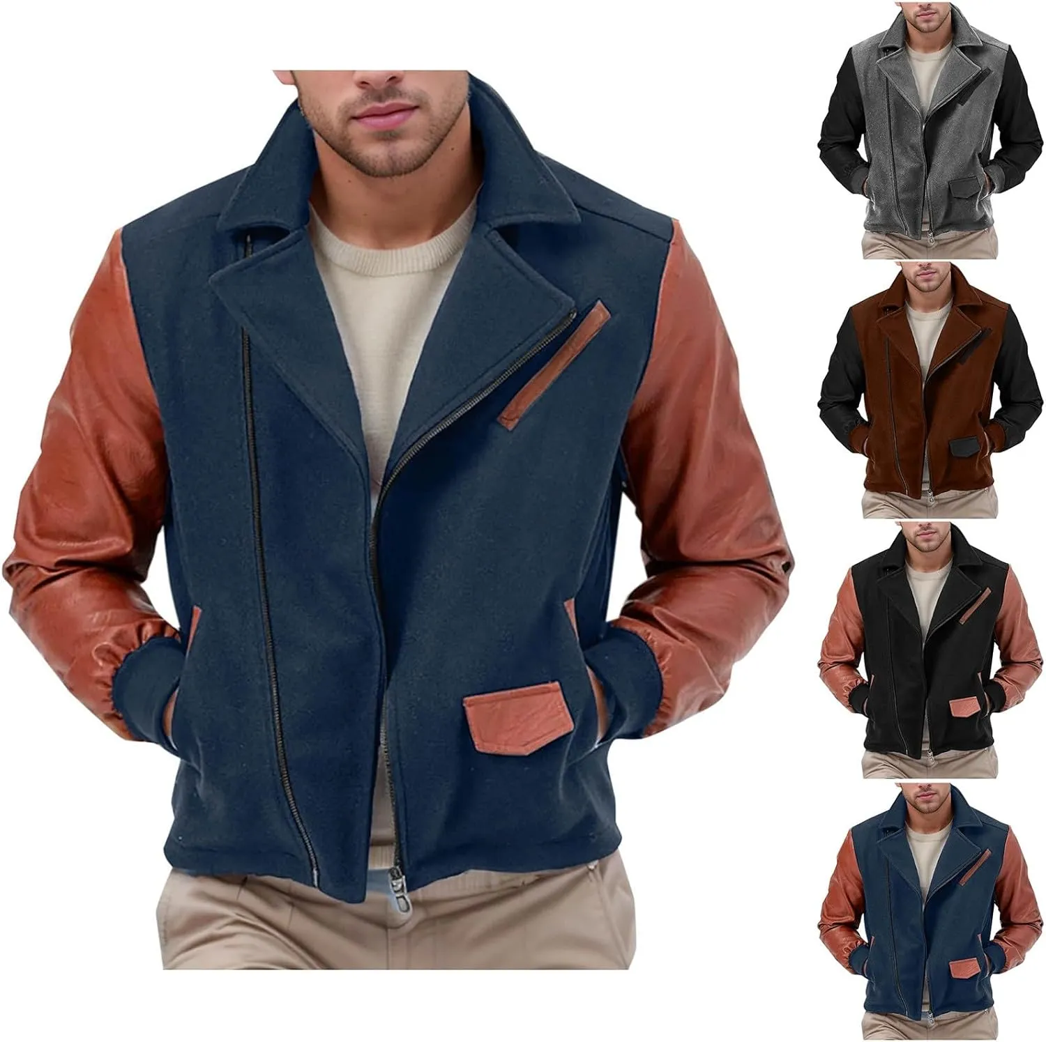 Cambkatl Men's PU Woolen Patchwork Motorcycle Jacket Zip Up Faux Leather Outerwear Fall Winter Colorblock Sports Coat