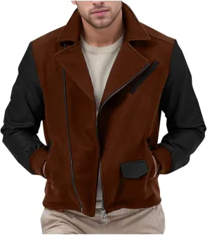 Cambkatl Men's PU Woolen Patchwork Motorcycle Jacket Zip Up Faux Leather Outerwear Fall Winter Colorblock Sports Coat