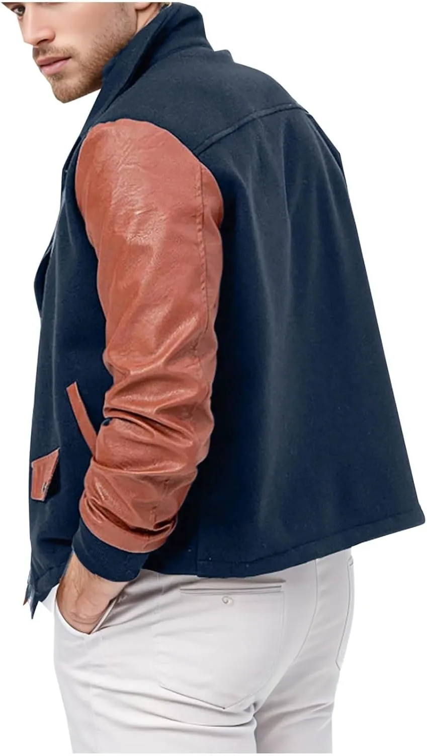 Cambkatl Men's PU Woolen Patchwork Motorcycle Jacket Zip Up Faux Leather Outerwear Fall Winter Colorblock Sports Coat