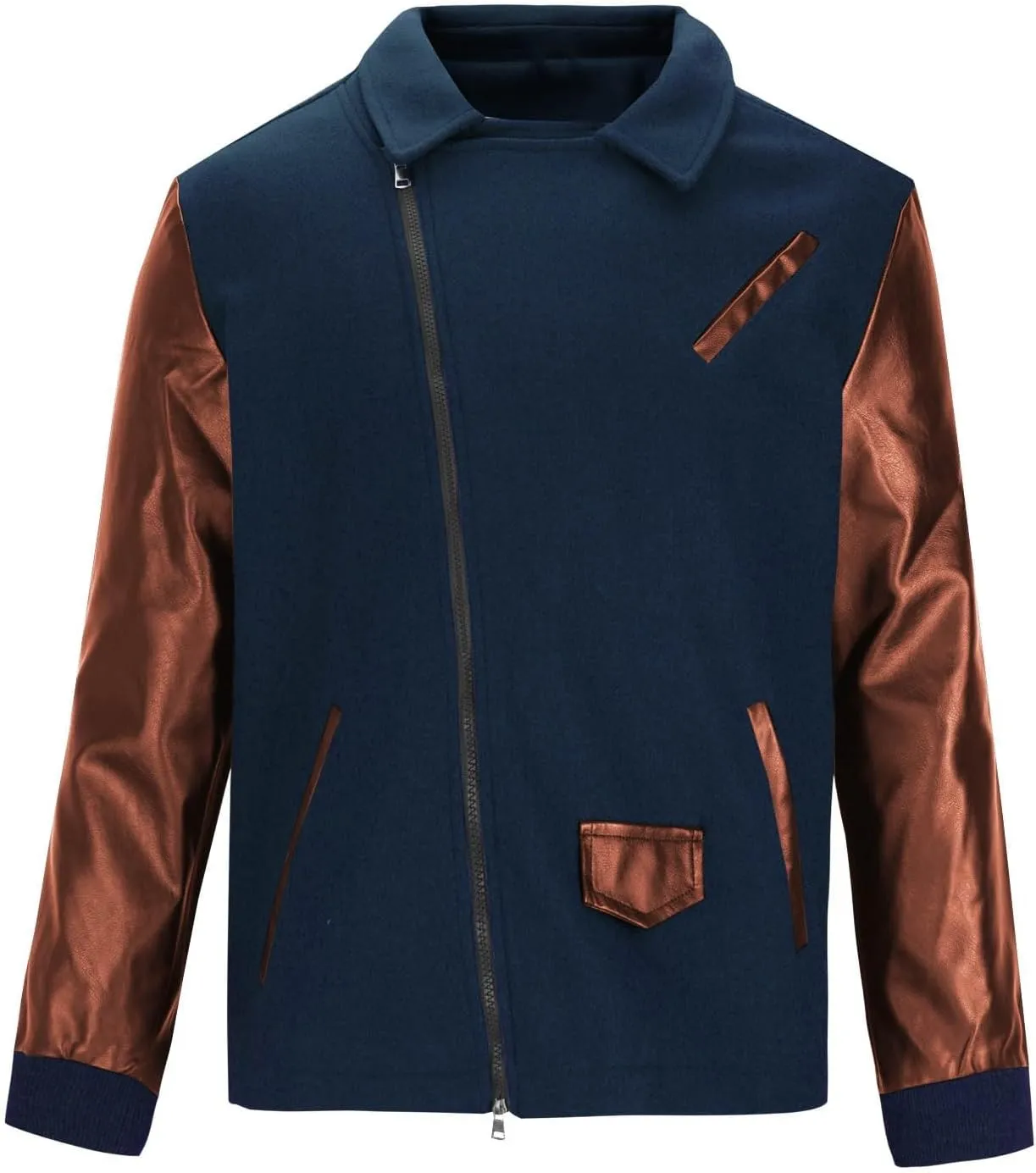 Cambkatl Men's PU Woolen Patchwork Motorcycle Jacket Zip Up Faux Leather Outerwear Fall Winter Colorblock Sports Coat
