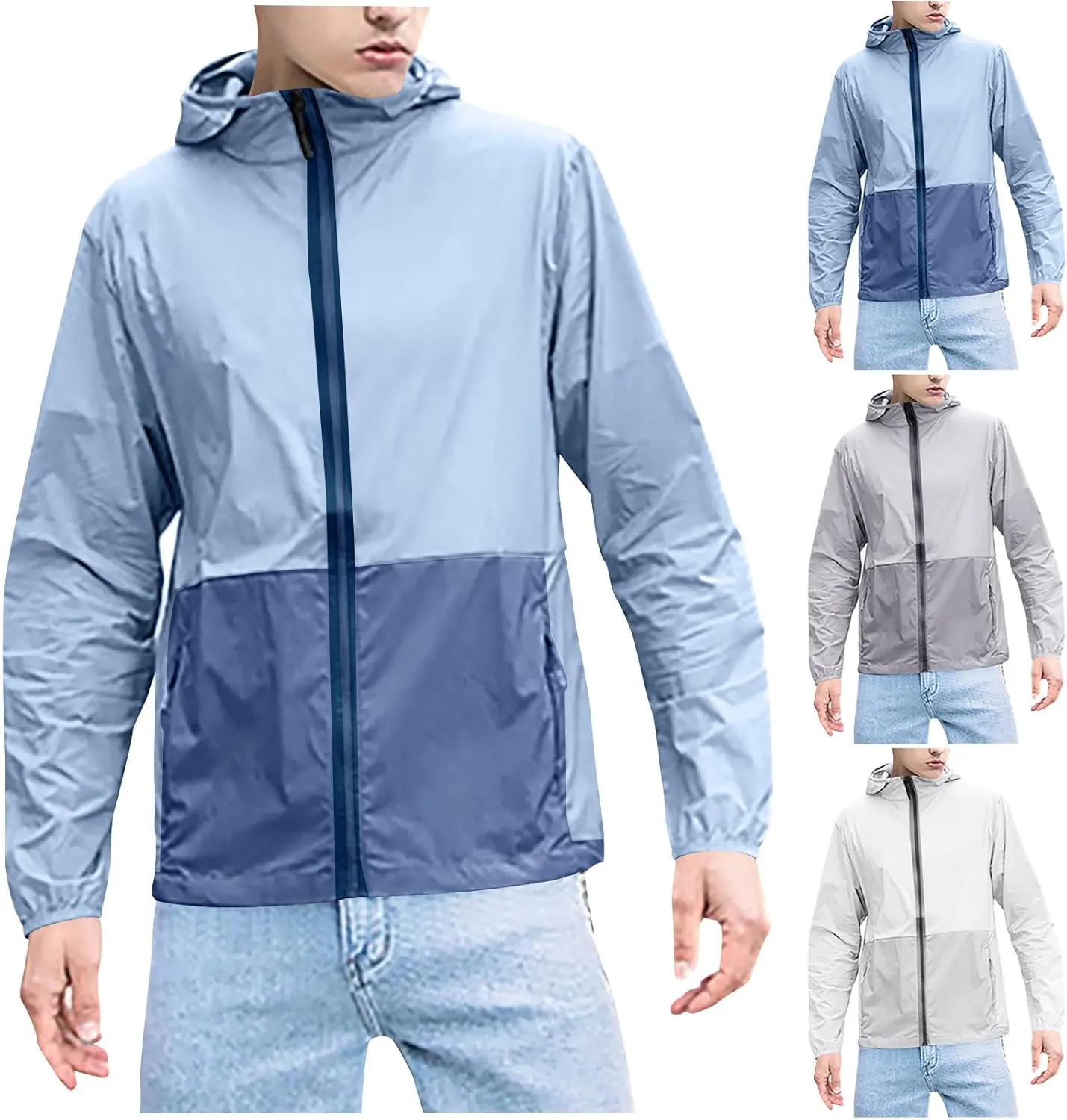 Cambkatl Men's UPF 50  Sun Protection Hoodie Outdoor Lightweight Full Zip Jacket Colorblock Long Sleeve Fishing Hiking Shirts
