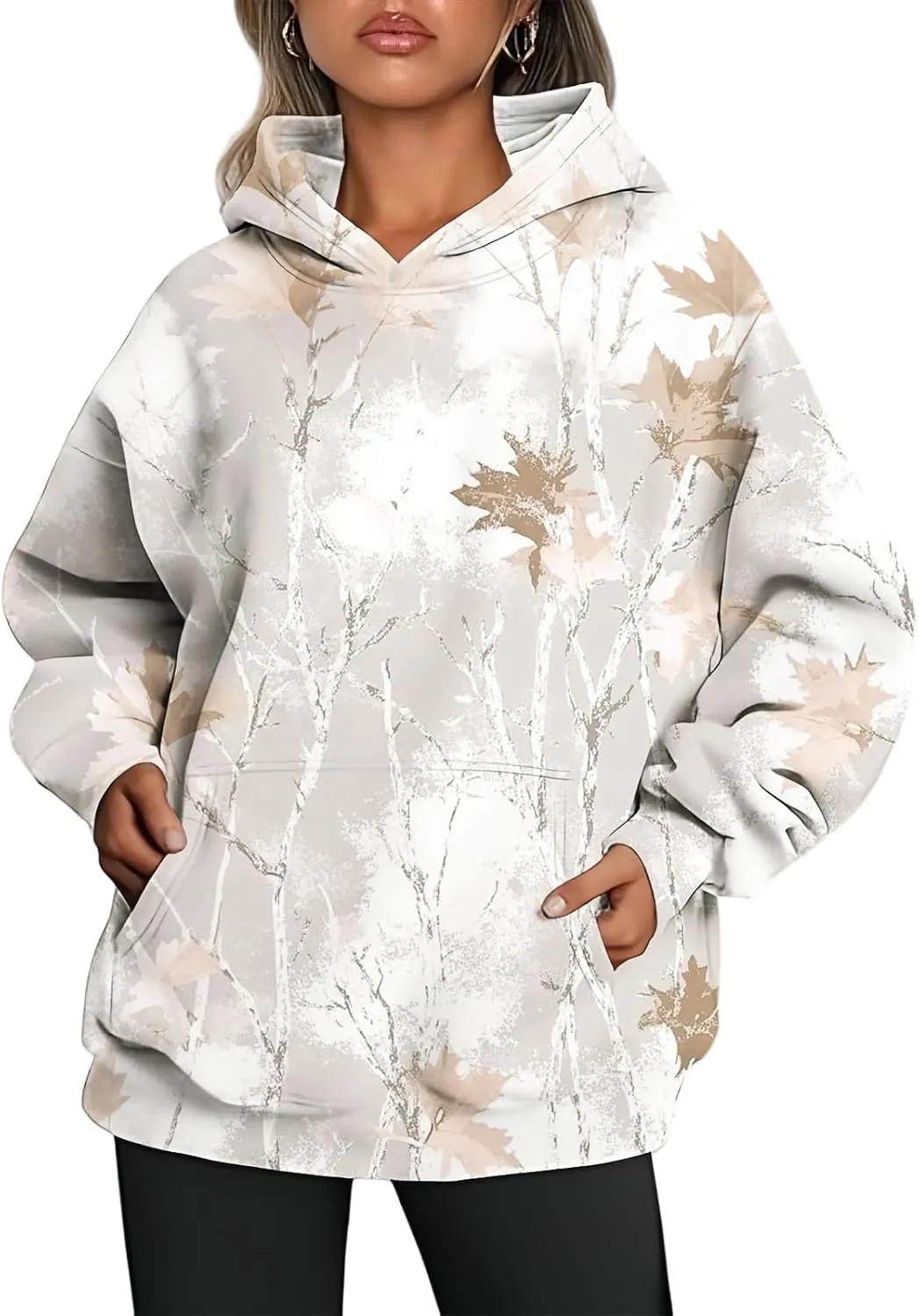 Camo Hoodie Womens Trendy Oversized Hooded Sweatshirt Maple Leaf Print Color Block Pullover Sweatshirts