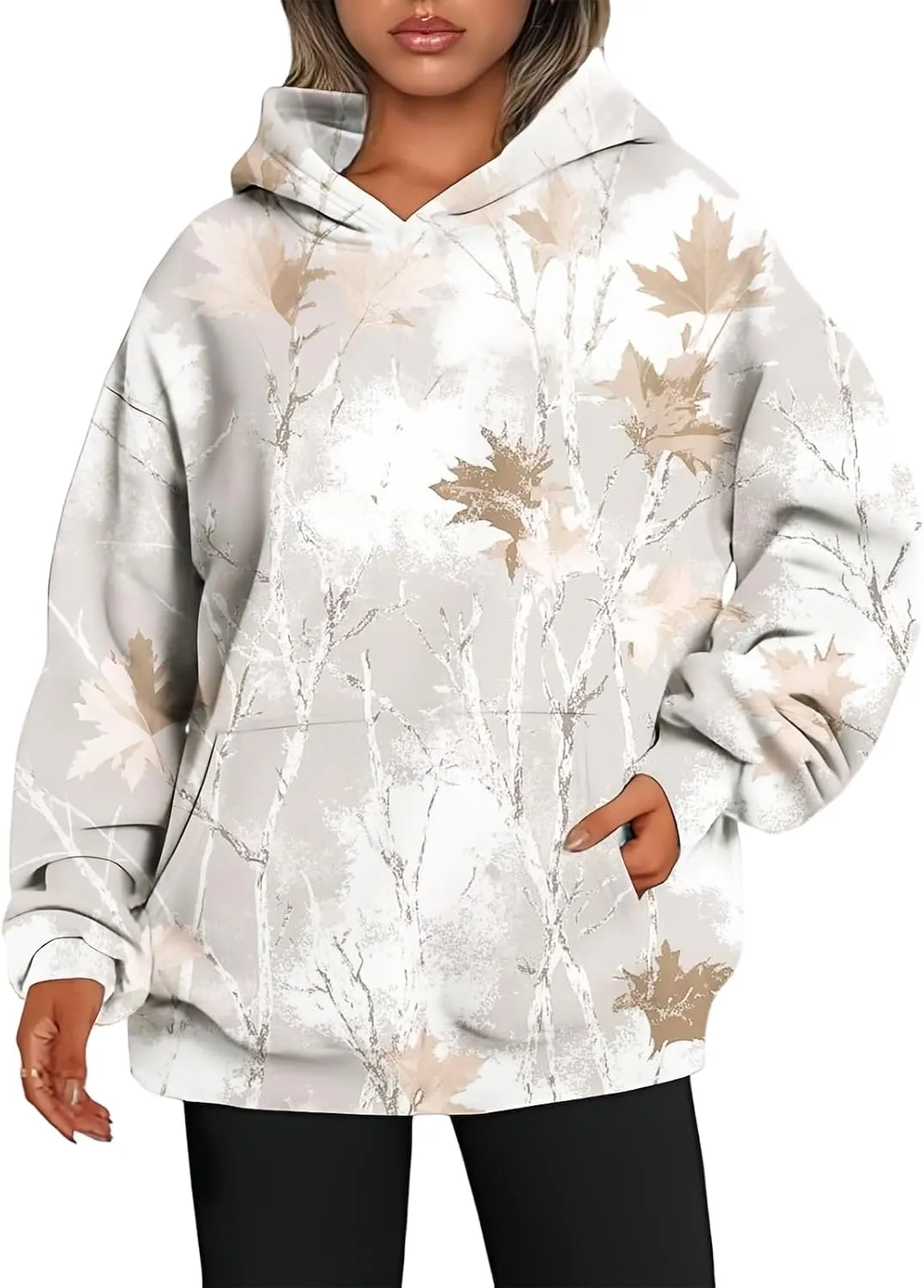 Camo Hoodie Womens Trendy Oversized Hooded Sweatshirt Maple Leaf Print Color Block Pullover Sweatshirts