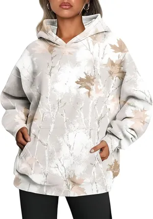 Camo Hoodie Womens Trendy Oversized Hooded Sweatshirt Maple Leaf Print Color Block Pullover Sweatshirts