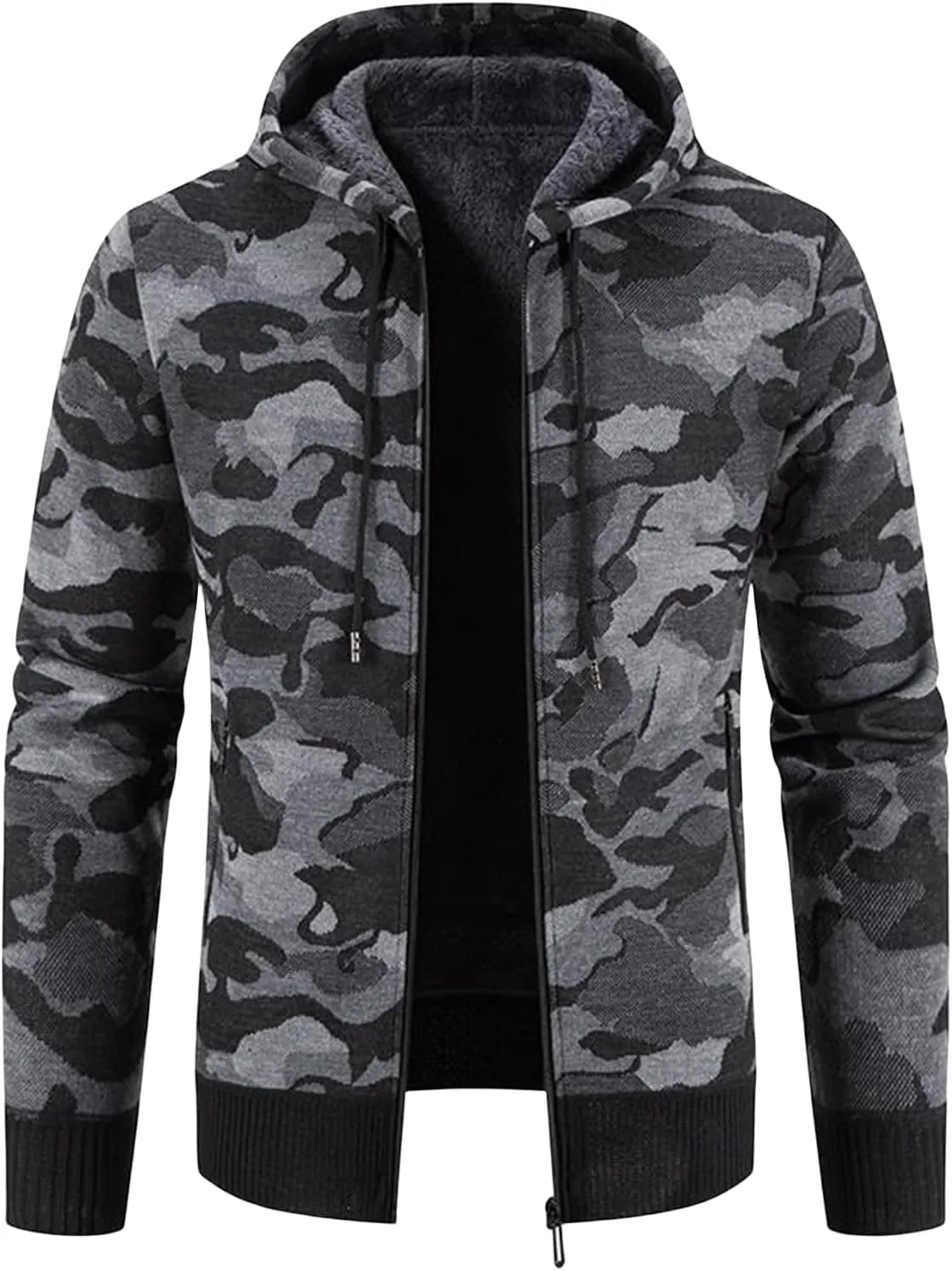 Camo Hoodies for Men Sherpa Fleece Lined Hooded Jacket Zip Up Cardigan Sweatshirt Heavyweight Winter Coat with Pockets