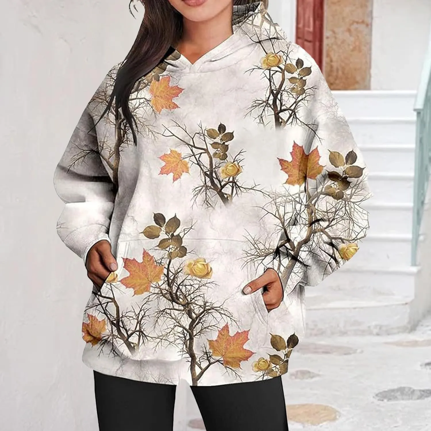 Camo Sweatshirt for Women Maple Leaf Print Hoodie Casual Pullover Shirts Loose Tunic Tops with Pockets Fall Clothes