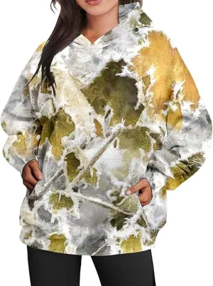 Camo Sweatshirt for Women Maple Leaf Print Hoodie Casual Pullover Shirts Loose Tunic Tops with Pockets Fall Clothes