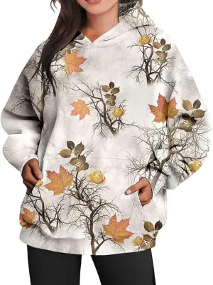 Camo Sweatshirt for Women Maple Leaf Print Hoodie Casual Pullover Shirts Loose Tunic Tops with Pockets Fall Clothes