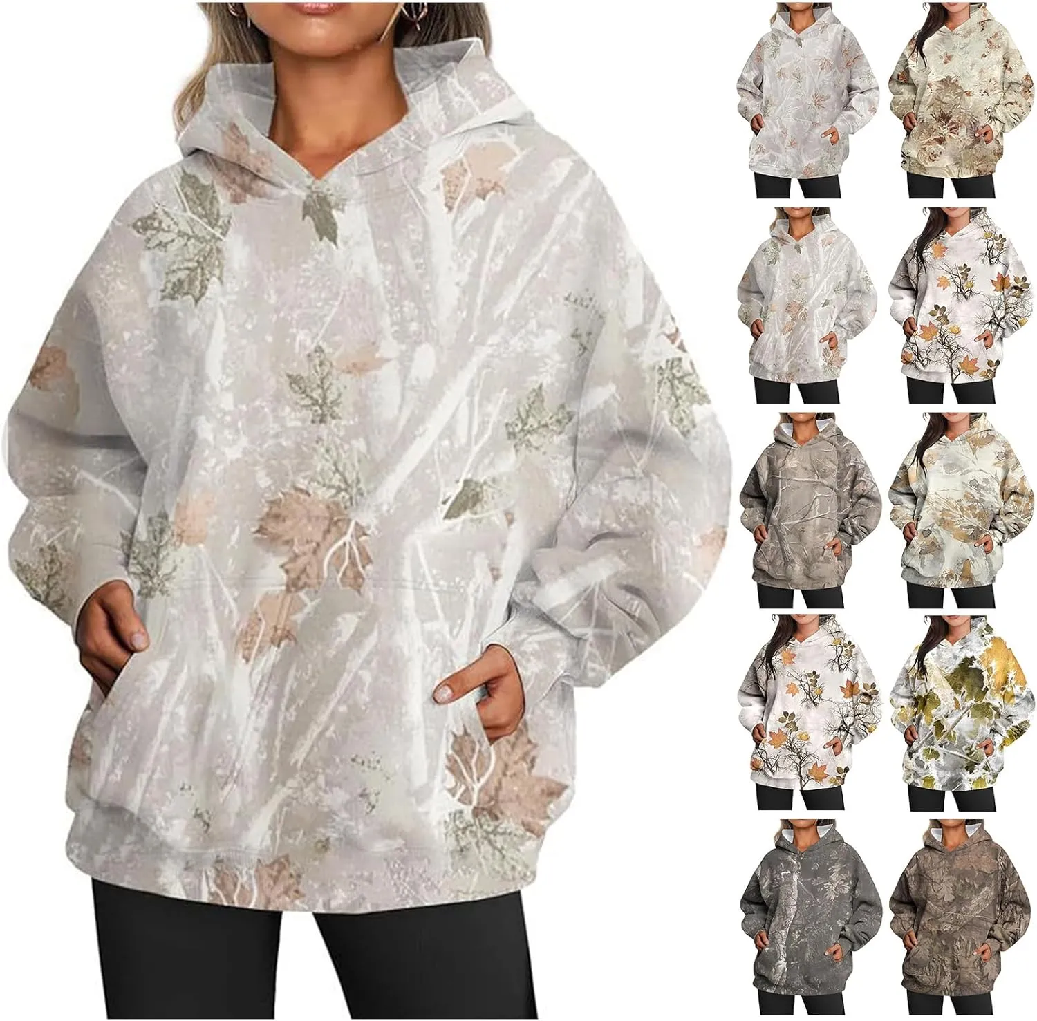Camo Sweatshirt for Women Maple Leaf Print Hoodie Casual Pullover Shirts Loose Tunic Tops with Pockets Fall Clothes