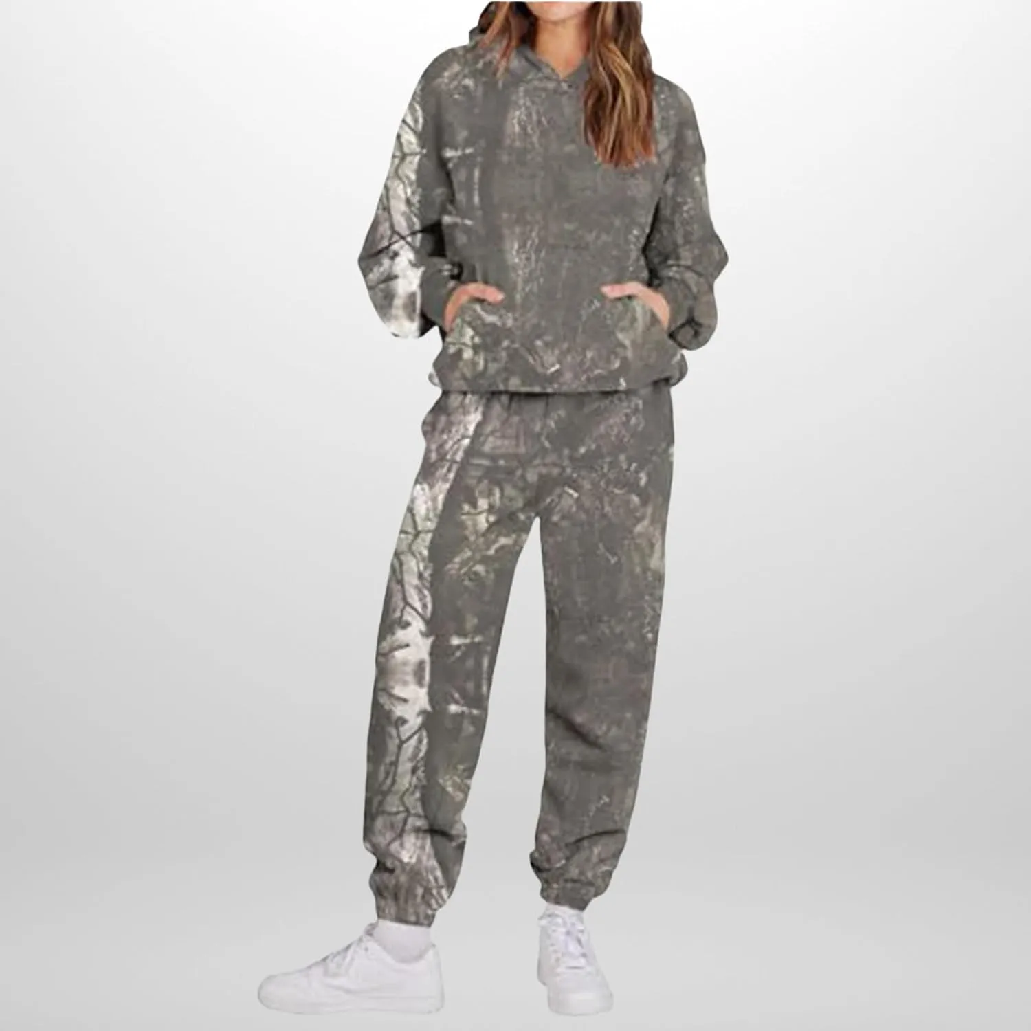 Camo Sweatsuits for Women Set 2 Piece Maple Leaf Print Oversized Sweatshirt Camo Hoodies Sweater Sweatpants Sets