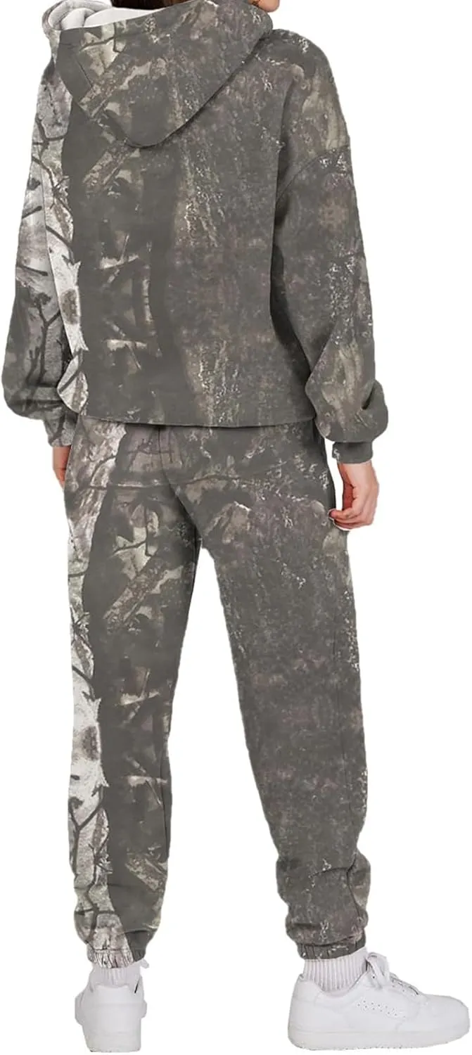 Camo Sweatsuits for Women Set 2 Piece Maple Leaf Print Oversized Sweatshirt Camo Hoodies Sweater Sweatpants Sets