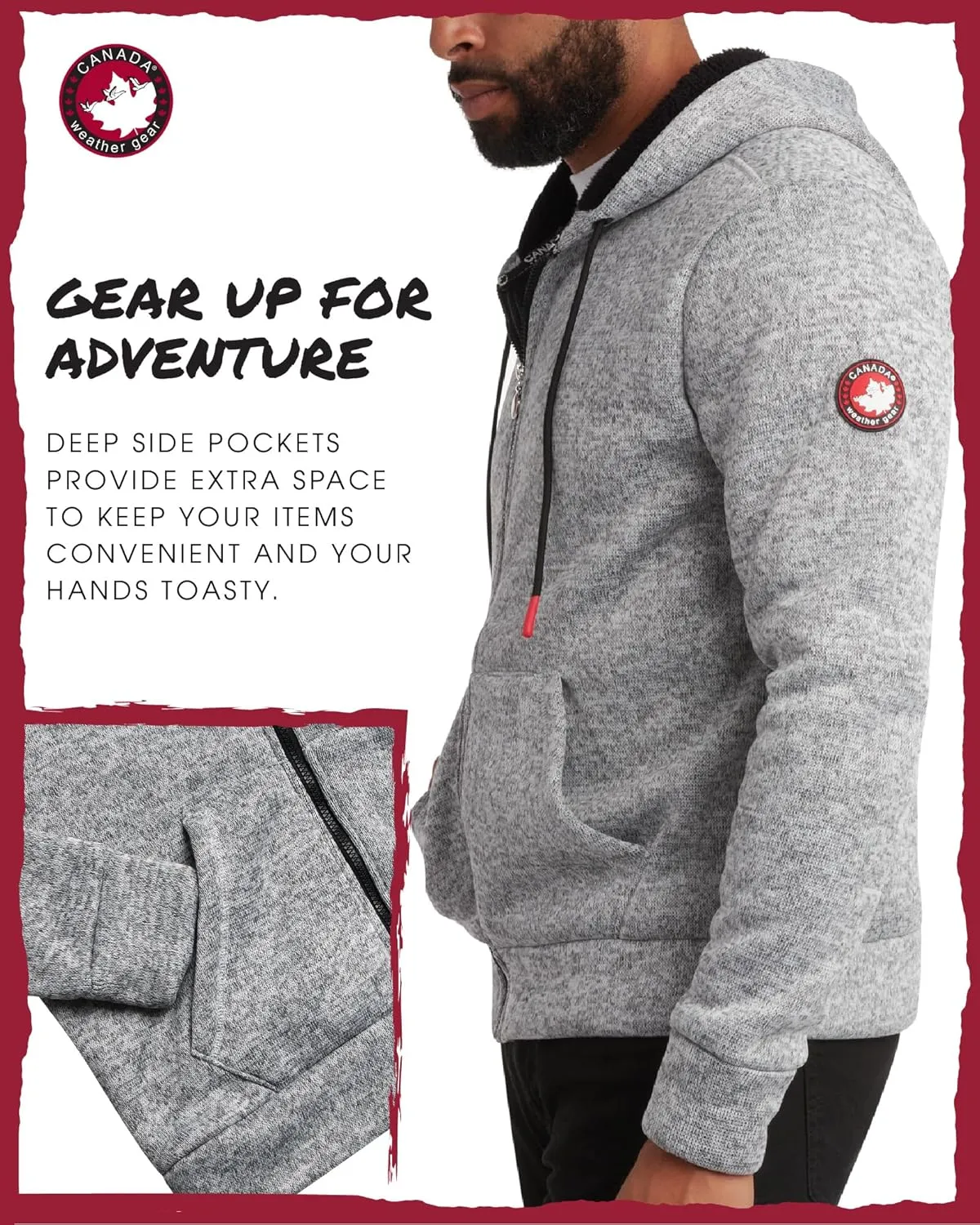 CANADA WEATHER GEAR Men's Sweater Fleece Hoodie - Warm Fleece Zip Up Hoodie Sweatshirt for Men with Sherpa Lining (M-XXL)