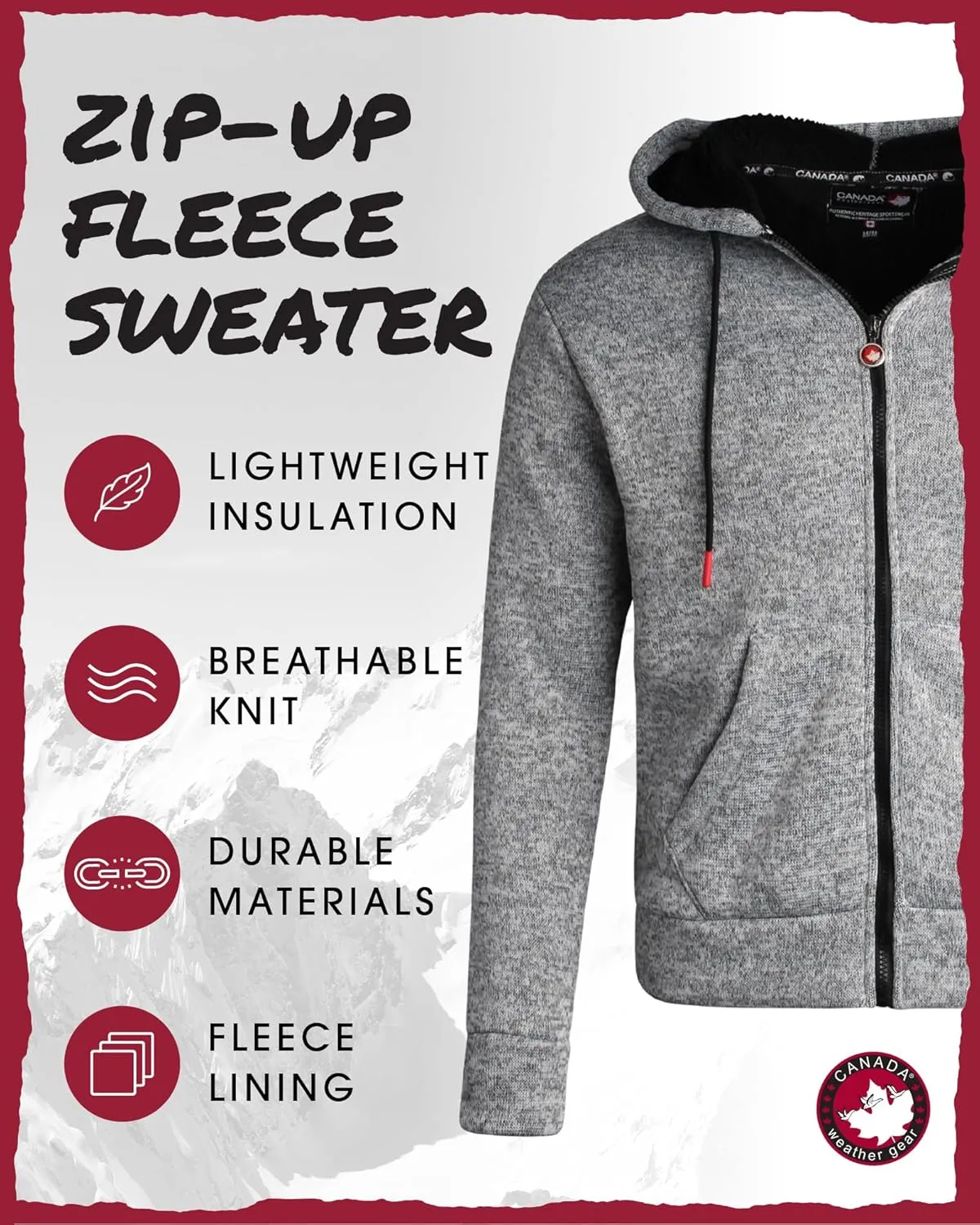 CANADA WEATHER GEAR Men's Sweater Fleece Hoodie - Warm Fleece Zip Up Hoodie Sweatshirt for Men with Sherpa Lining (M-XXL)