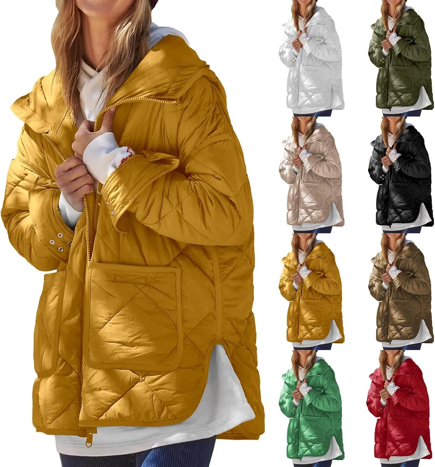 Canbebig Womens Quilted Jacket Hooded Zip Up Down Coat Lightweight Puffer Jacket Long Sleeve Side Slit Outwear with Pockets