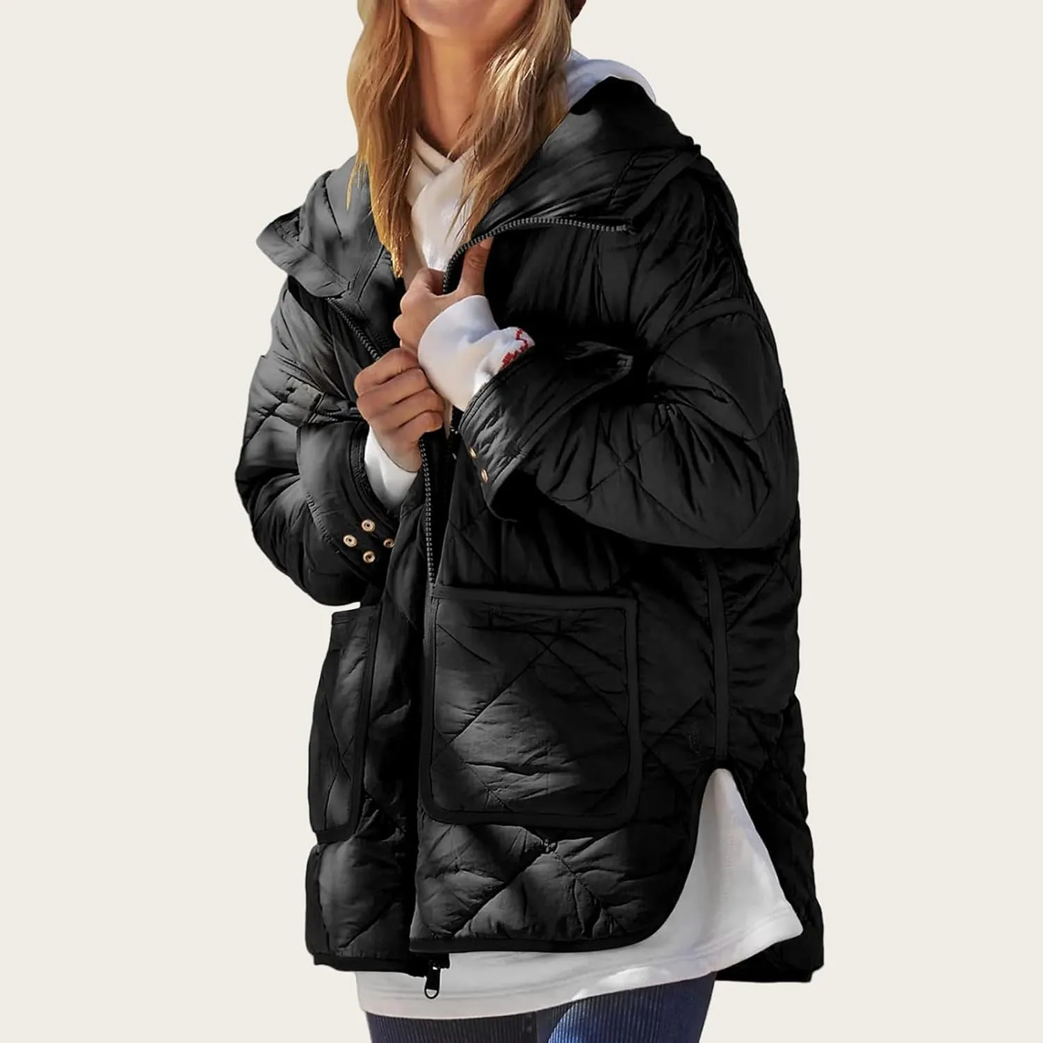 Canbebig Womens Quilted Jacket Hooded Zip Up Down Coat Lightweight Puffer Jacket Long Sleeve Side Slit Outwear with Pockets