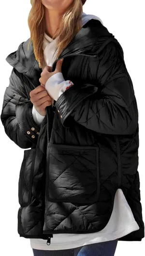Canbebig Womens Quilted Jacket Hooded Zip Up Down Coat Lightweight Puffer Jacket Long Sleeve Side Slit Outwear with Pockets