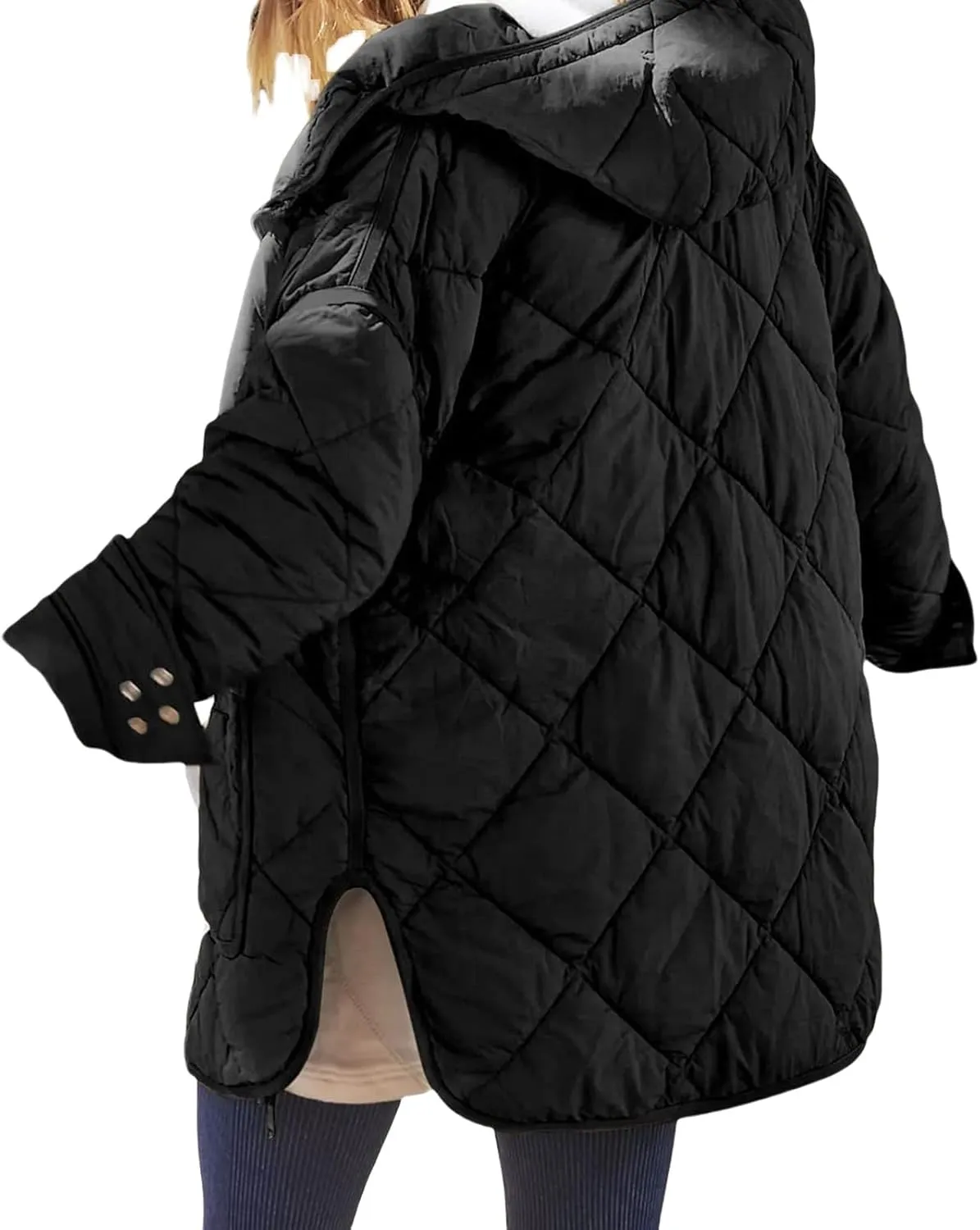 Canbebig Womens Quilted Jacket Hooded Zip Up Down Coat Lightweight Puffer Jacket Long Sleeve Side Slit Outwear with Pockets