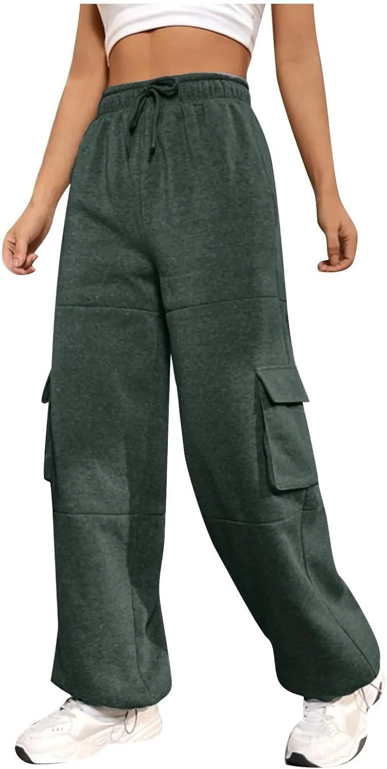 Cargo Joggers for Women Athletic High Waisted Fleece Sweatpants with Pockets Comfy Workout Elastic Waist Pants