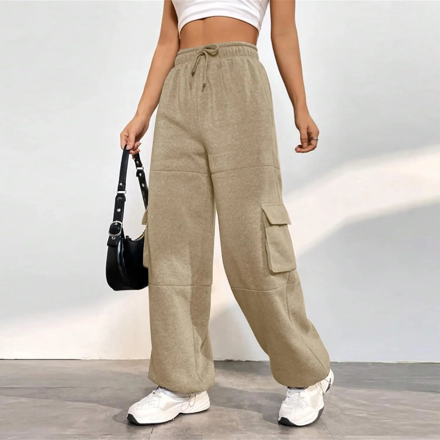 Cargo Joggers for Women Athletic High Waisted Fleece Sweatpants with Pockets Comfy Workout Elastic Waist Pants