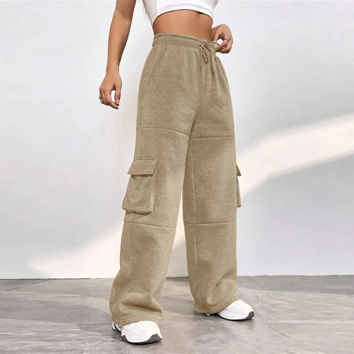 Cargo Joggers for Women Athletic High Waisted Fleece Sweatpants with Pockets Comfy Workout Elastic Waist Pants
