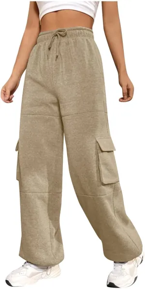 Cargo Joggers for Women Athletic High Waisted Fleece Sweatpants with Pockets Comfy Workout Elastic Waist Pants