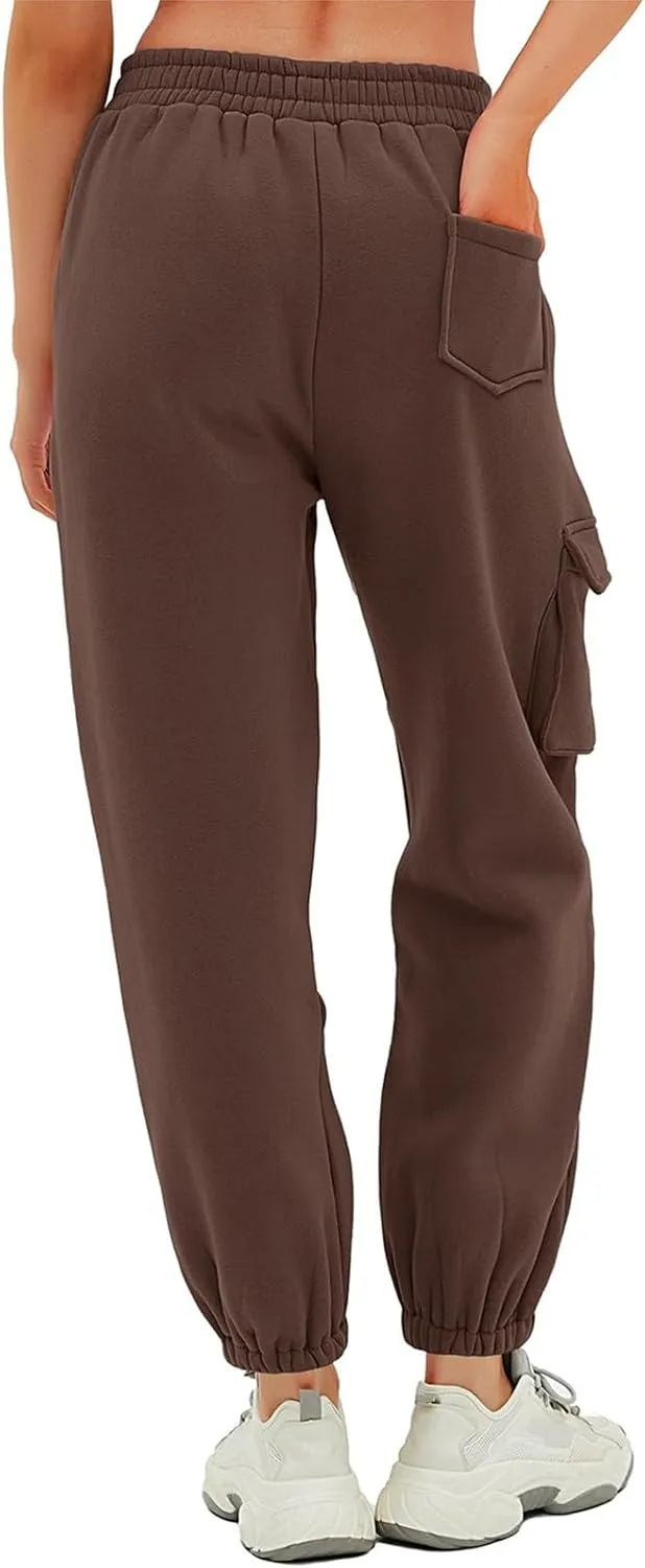 Cargo Joggers for Women Casual Baggy Elastic High Waisted Cropped Sweatpants Trendy Fleece Lined Pants with Pockets