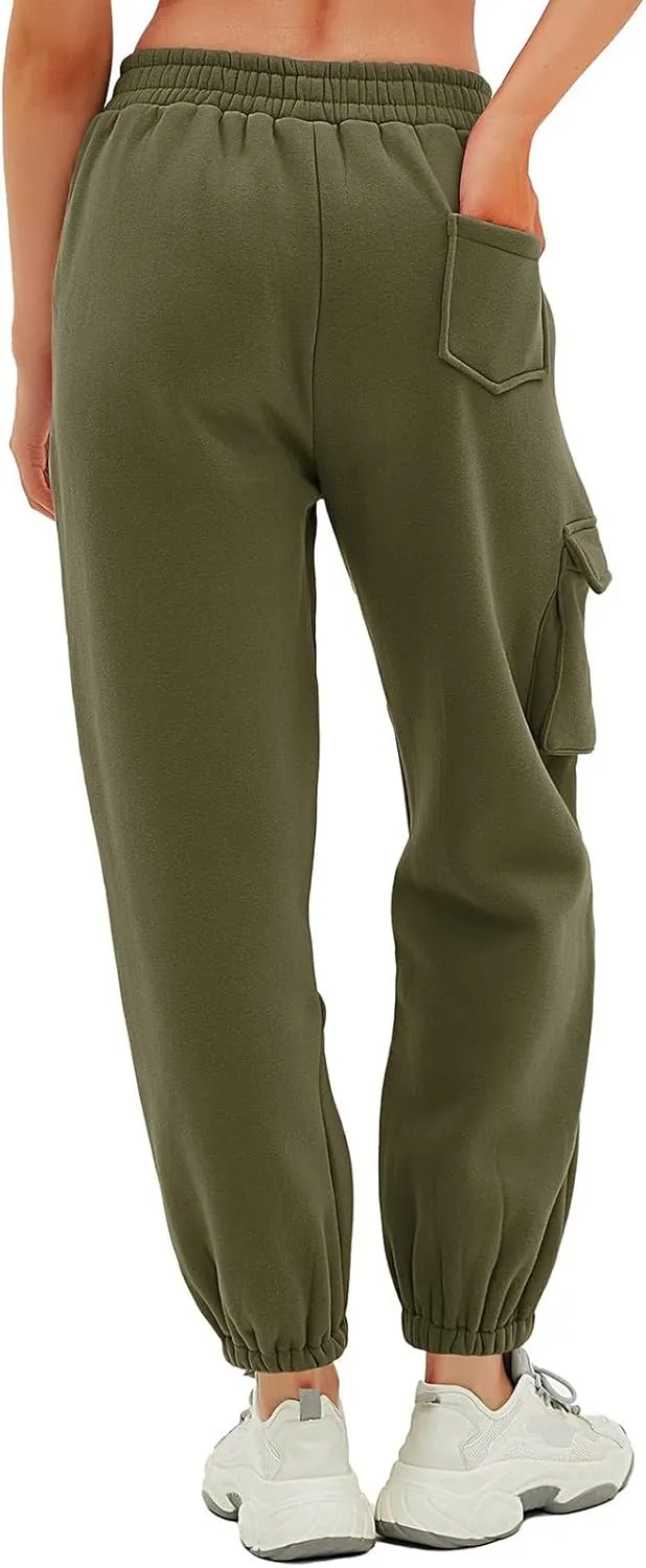 Cargo Joggers for Women Casual Baggy Elastic High Waisted Cropped Sweatpants Trendy Fleece Lined Pants with Pockets
