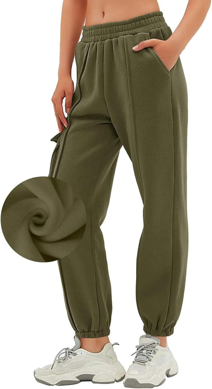 Cargo Joggers for Women Casual Baggy Elastic High Waisted Cropped Sweatpants Trendy Fleece Lined Pants with Pockets
