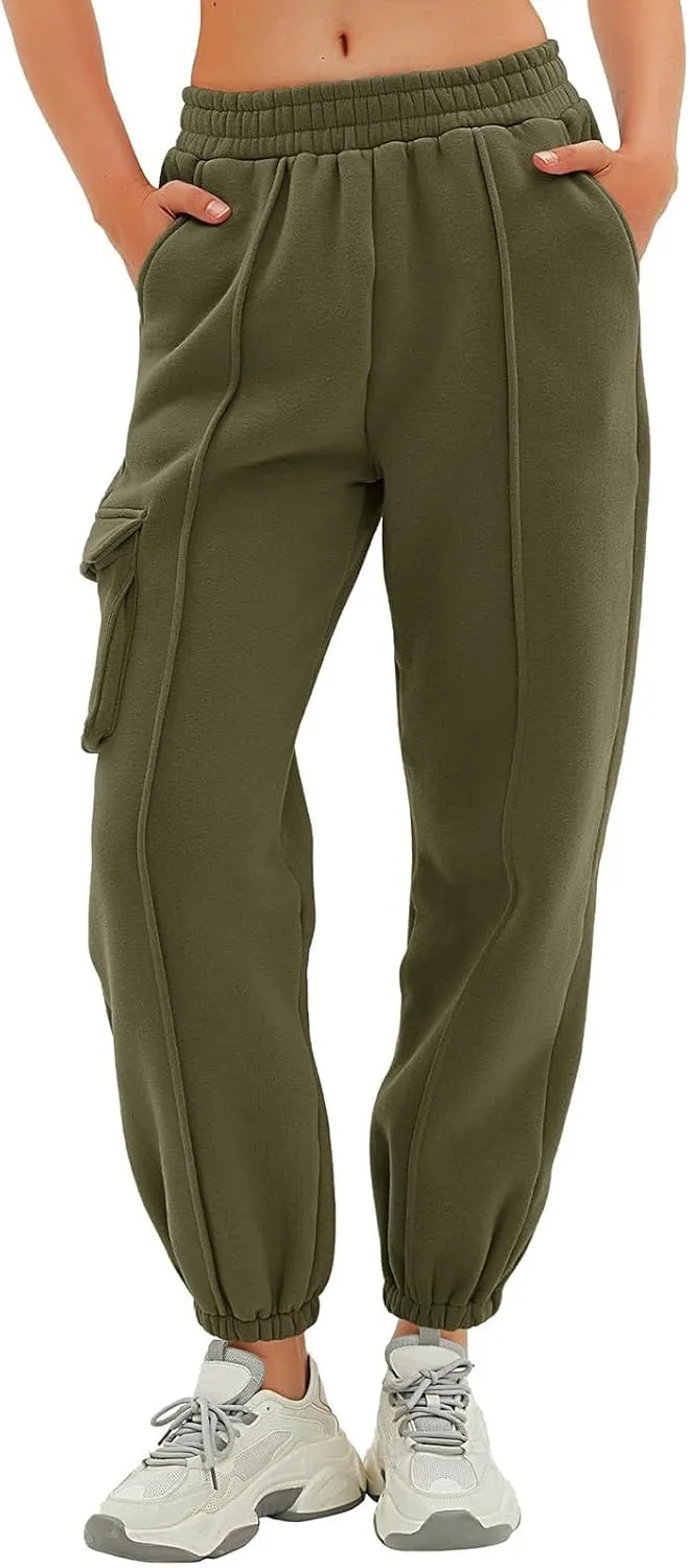 Cargo Joggers for Women Casual Baggy Elastic High Waisted Cropped Sweatpants Trendy Fleece Lined Pants with Pockets