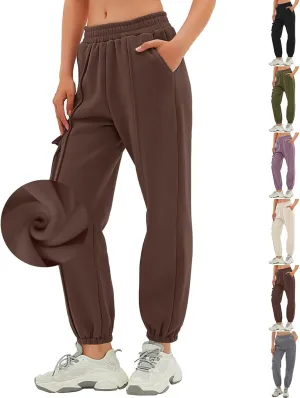 Cargo Joggers for Women Casual Baggy Elastic High Waisted Cropped Sweatpants Trendy Fleece Lined Pants with Pockets