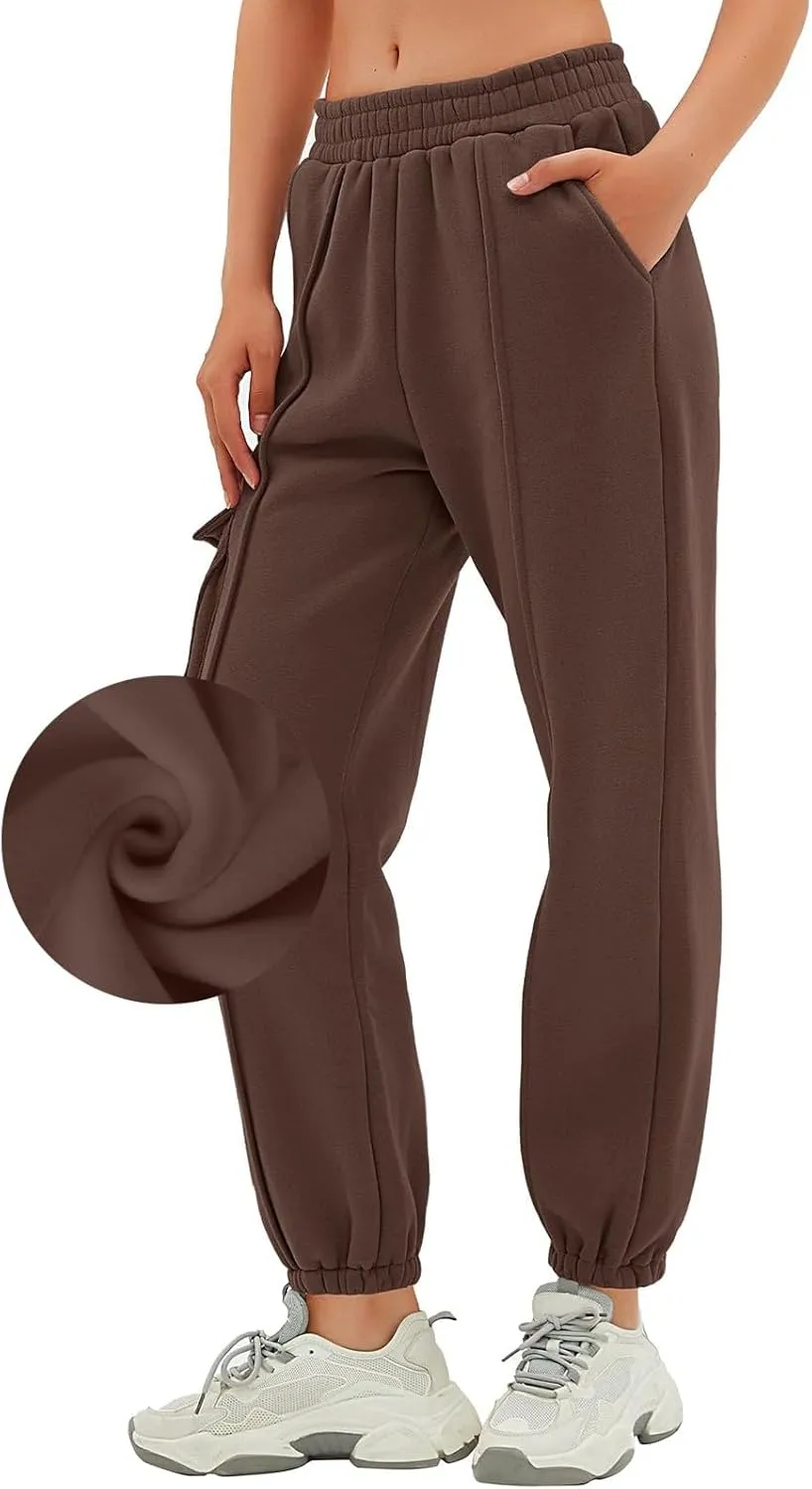 Cargo Joggers for Women Casual Baggy Elastic High Waisted Cropped Sweatpants Trendy Fleece Lined Pants with Pockets