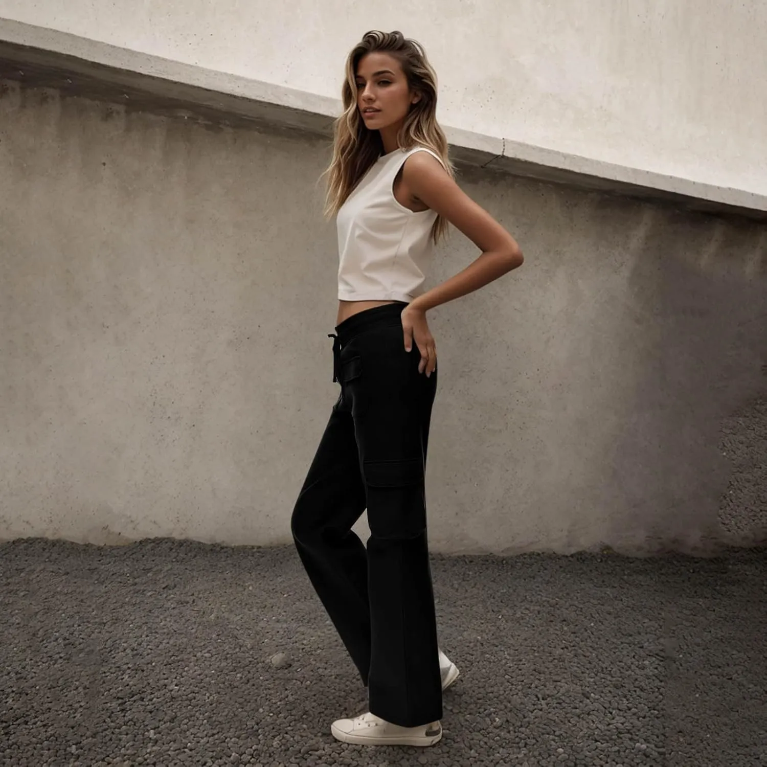 Cargo Sweatpants for Women Fleece Baggy Wide Leg Sweatpants Low Rise Lounge Pants with Pockets Cargo Joggers