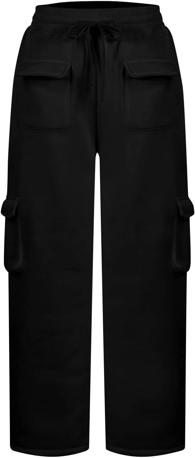 Cargo Sweatpants for Women Fleece Baggy Wide Leg Sweatpants Low Rise Lounge Pants with Pockets Cargo Joggers