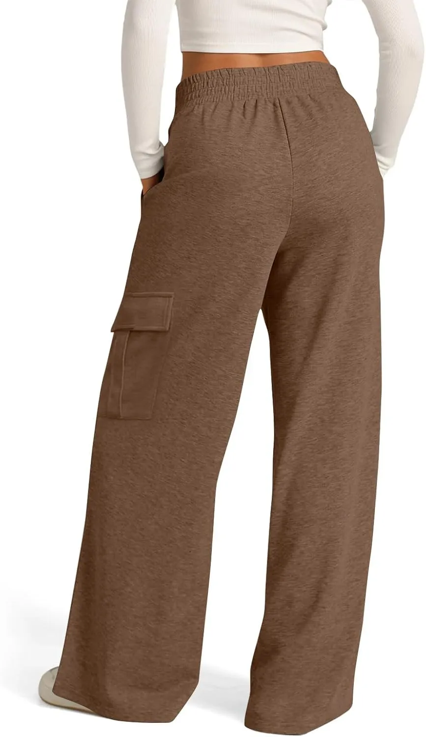 Cargo Sweatpants for Women with Pockets Crossover Baggy Wide Leg Sweatpants Athletic High Waisted Sweat Pants